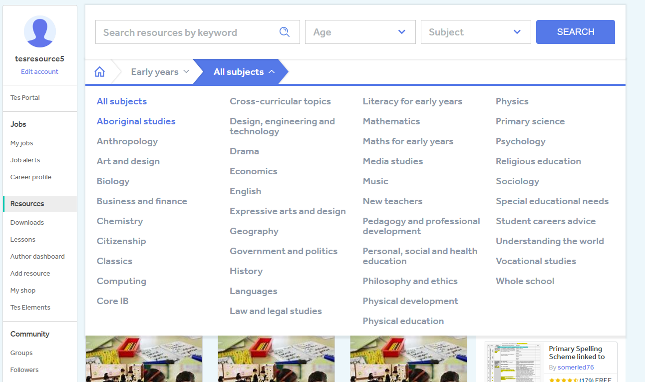 Testing on Tes Search bar and breadcrumb navigation Tes